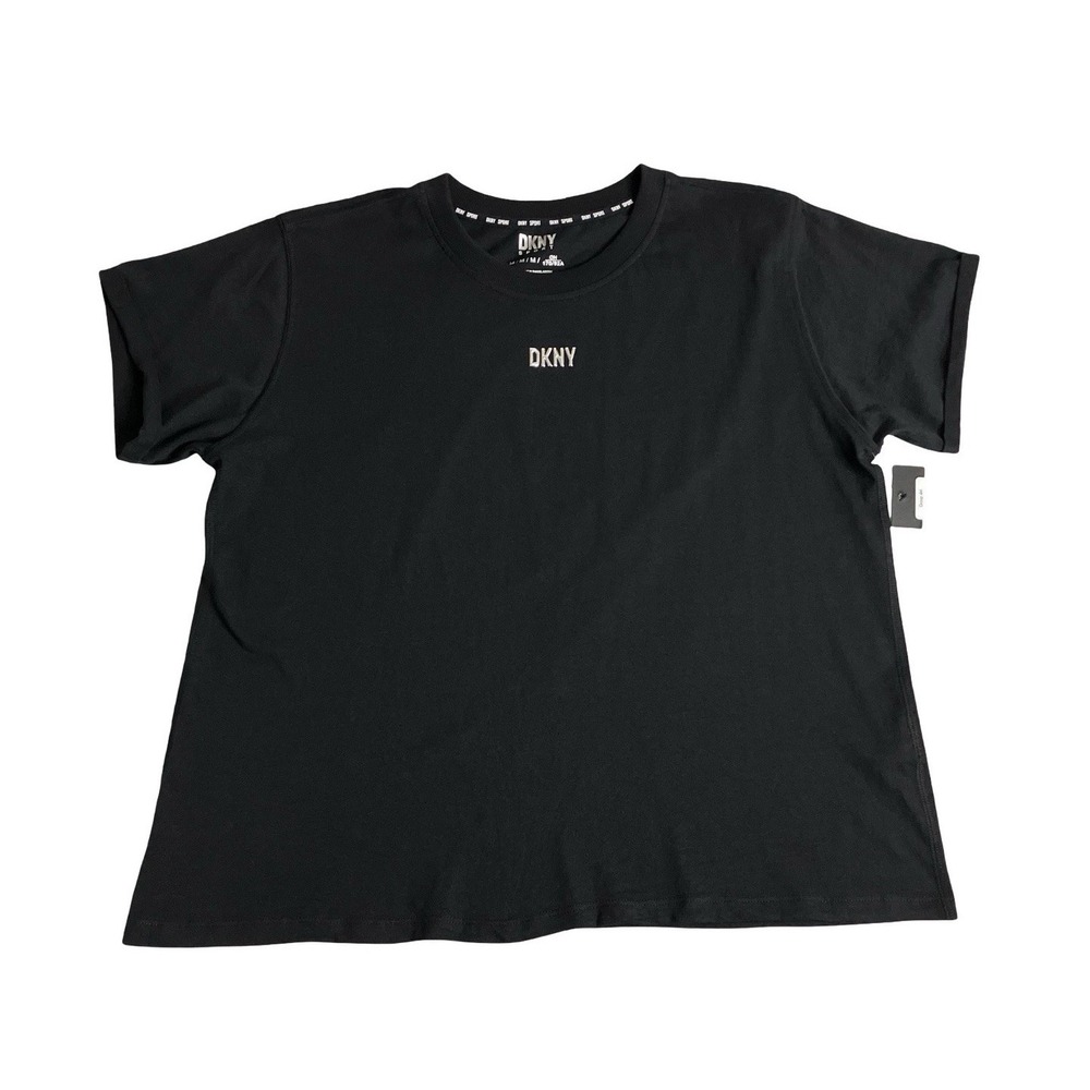 DKNY Sport Tee Shirt Top Womens M Black Raised Logo Spellout Cuffed Short Sleeve